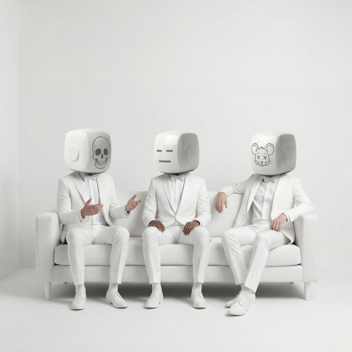 Three figures in white suits with boxy masked heads sitting on a white sofa