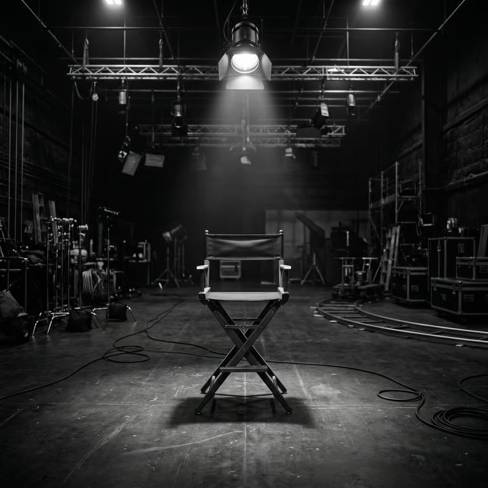 An empty director's chair under a single studio light